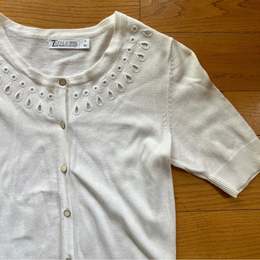 New York & Company White Short-Sleeve Button Cottage Cardigan with Eyelet Detail
